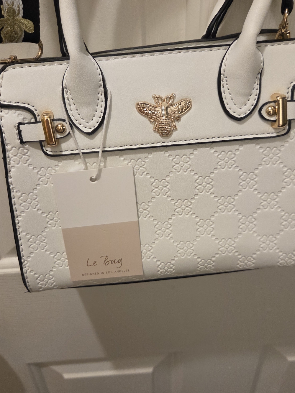 White Satchel with Gold Bee Accent and Removable Striped Strap - Picture 2 of 4